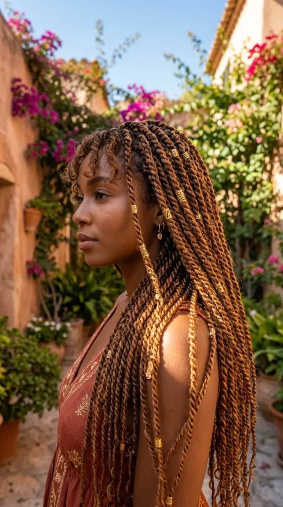 Senegalese twists summer hairstyle woman long warm ombre copper gold cuffs rust dress courtyard bougainvillea