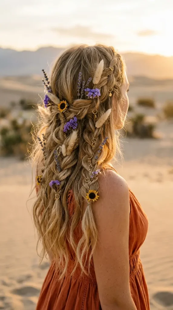 boho braids dried botanicals summer hairstyle woman pampas lavender statice sunflowers gold rings desert magic hour