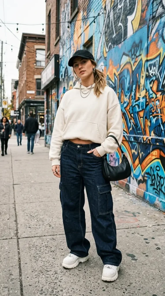 baggy jeans hoodie outfit women extra baggy cream oversized hoodie platform sneakers baseball cap urban graffiti street