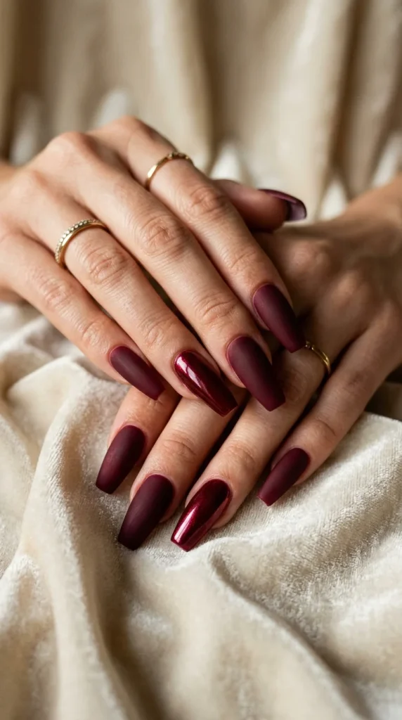 burgundy velvet nails wedding guest coffin deep burgundy velvet matte glossy accent nail green velvet moody autumn editorial