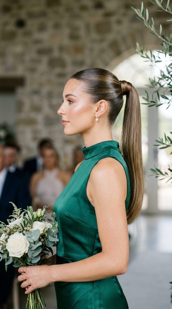 sleek high ponytail bridesmaid hairstyle 2026 perfect gloss wrapped base crown height side profile emerald dress modern elegant editorial