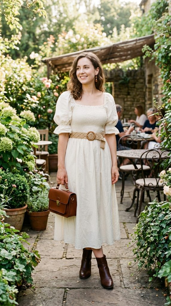 ivory smocked dress woven belt boots boho outfit women ivory smocked midi macramé belt ankle boots amber earrings garden café morning light