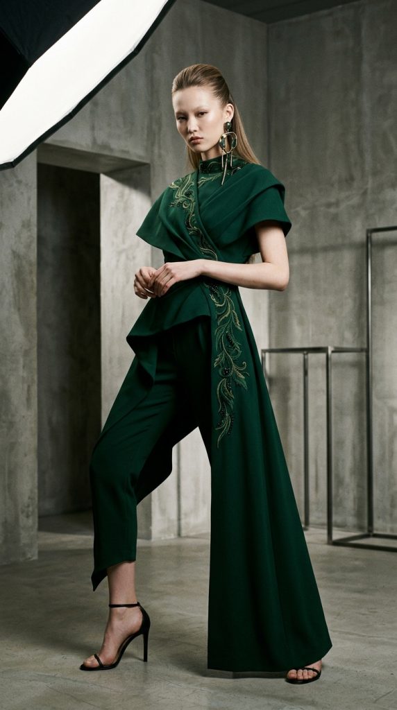asymmetric hem dark green jumpsuit women one knee one ankle asymmetric strappy heels single earring pushed-back hair dramatic editorial lighting