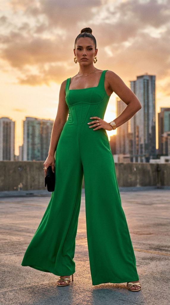 corset bodice bright green jumpsuit women built-in corset wide-leg gold heels statement earrings high bun golden evening light feminine power editorial