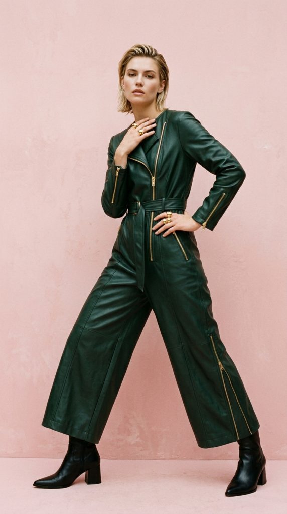 leather effect dark green jumpsuit women gold hardware zip wide-leg black heeled boots gold rings pushed-back hair