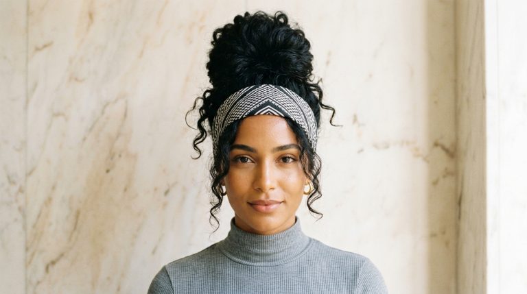 bandana hairstyles women floral bandana headband loose waves gold hoops grey linen Mediterranean stone steps golden afternoon light authentic editorial