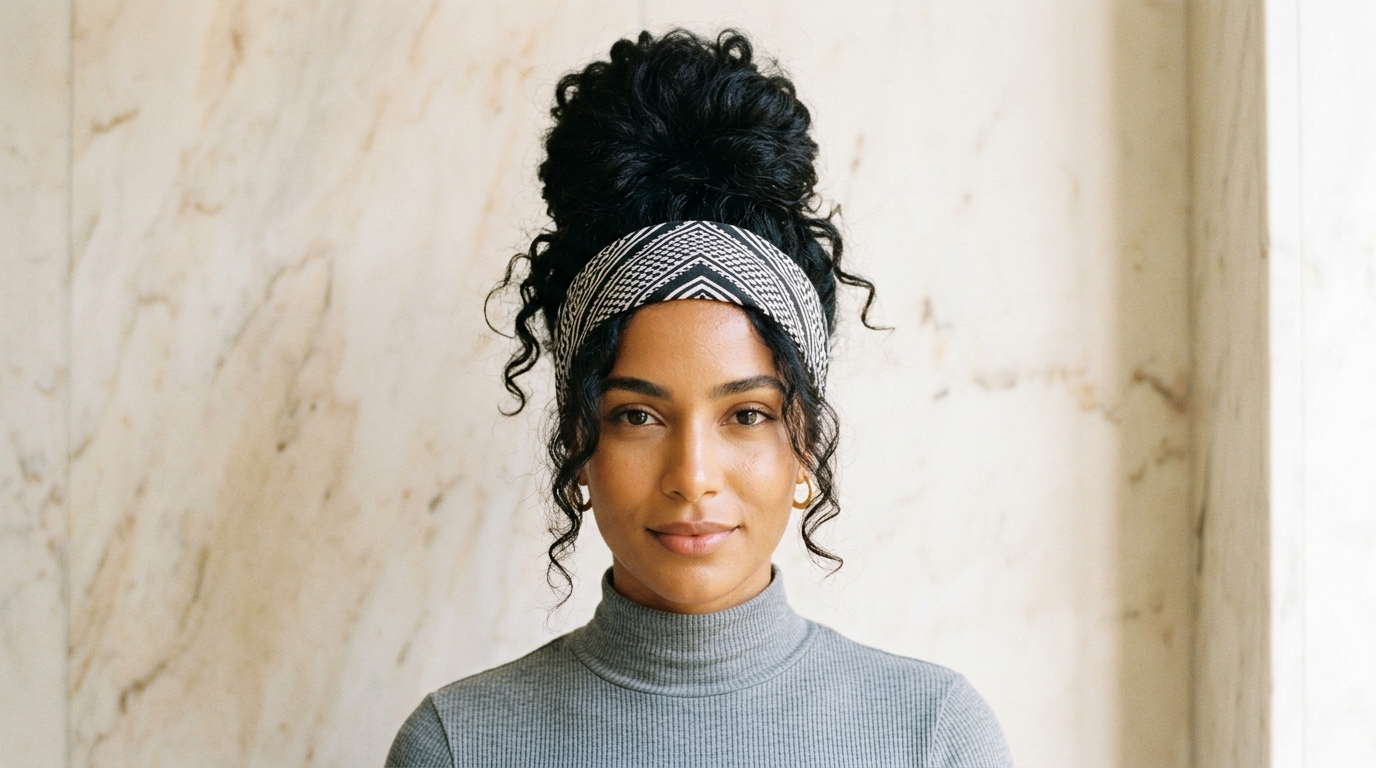 bandana hairstyles women floral bandana headband loose waves gold hoops grey linen Mediterranean stone steps golden afternoon light authentic editorial