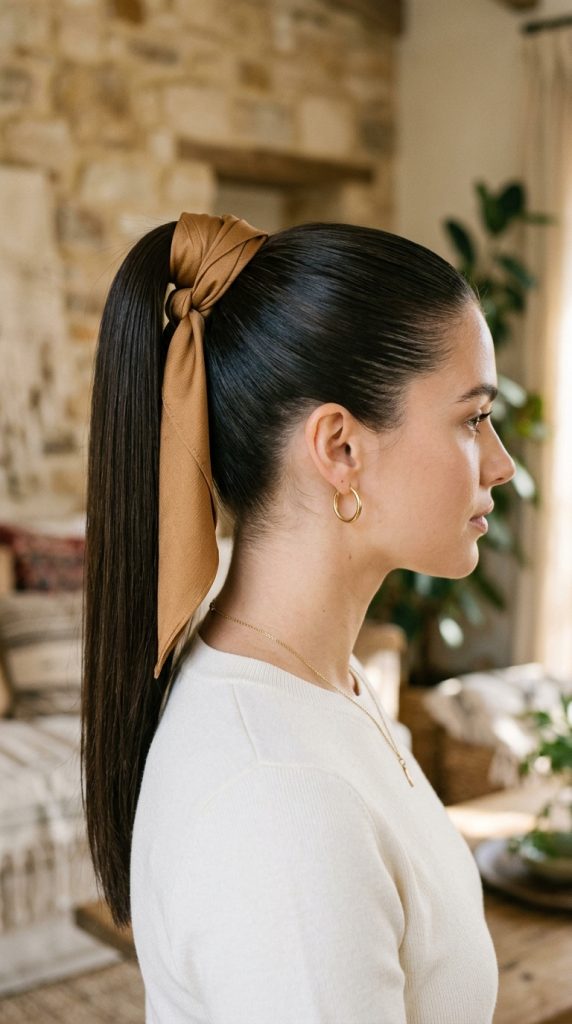 silk bandana wrap high ponytail base hairstyle women ivory silk bandana wrapped ponytail base trailing ends sleek high ponytail elegant refined polished
