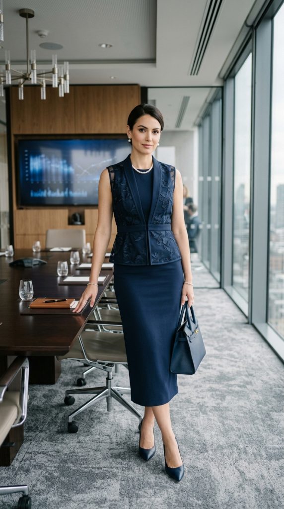 navy midi dress blazer business formal women navy fitted midi matching blazer court heels pearl jewellery structured bag boardroom polished editorial
