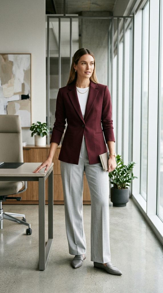 burgundy blazer grey trousers business professional women deep burgundy blazer light grey wide-leg white tee grey loafers gold jewellery modern office editorial
