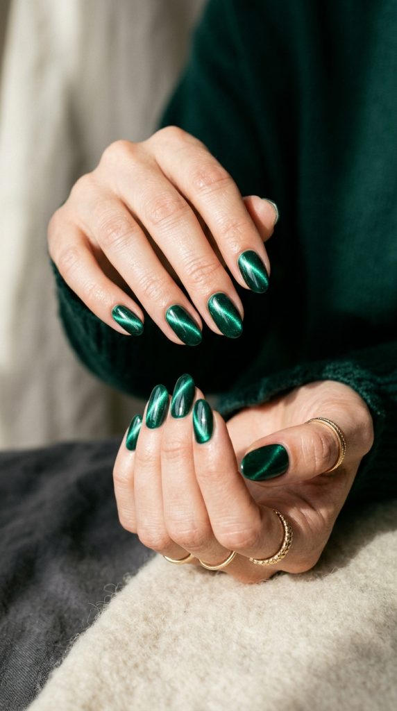 cat eye chrome oval nails emerald magnetic shifting light streak oval curve dark velvet directional light hypnotic magnetic editorial 2026