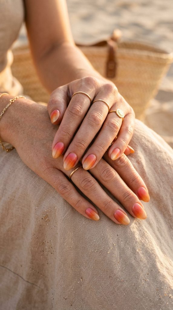 cloud sunset ombre oval nail designs coral orange gold three colour gradient warm sand surface golden afternoon light romantic warm 2026
nail designs sky blue base hand-painted fluffy white clouds shading different each nail pale chiffon cotton soft daylight whimsical joyful 2026
