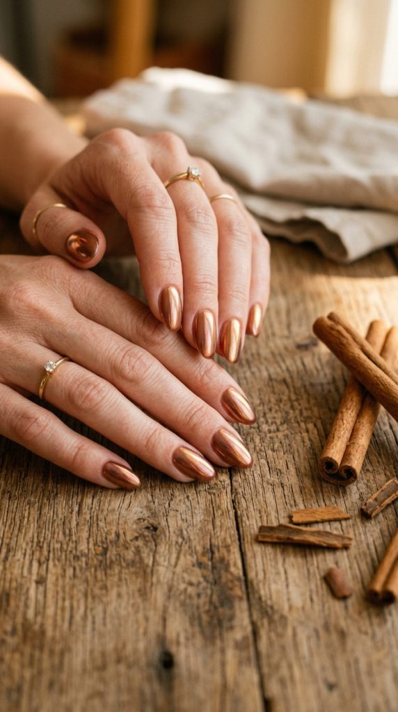 glazed cinnamon oval nails chrome shifting warm brown copper gold aged wood cinnamon sticks amber afternoon light unexpected warm neutral 2026
