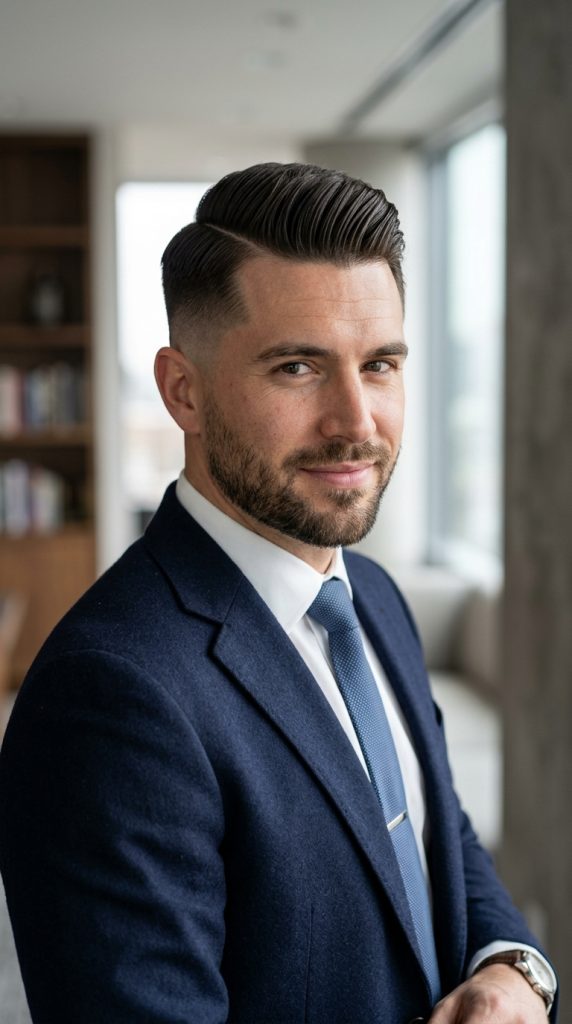 High taper fade with a neat comb over and side part