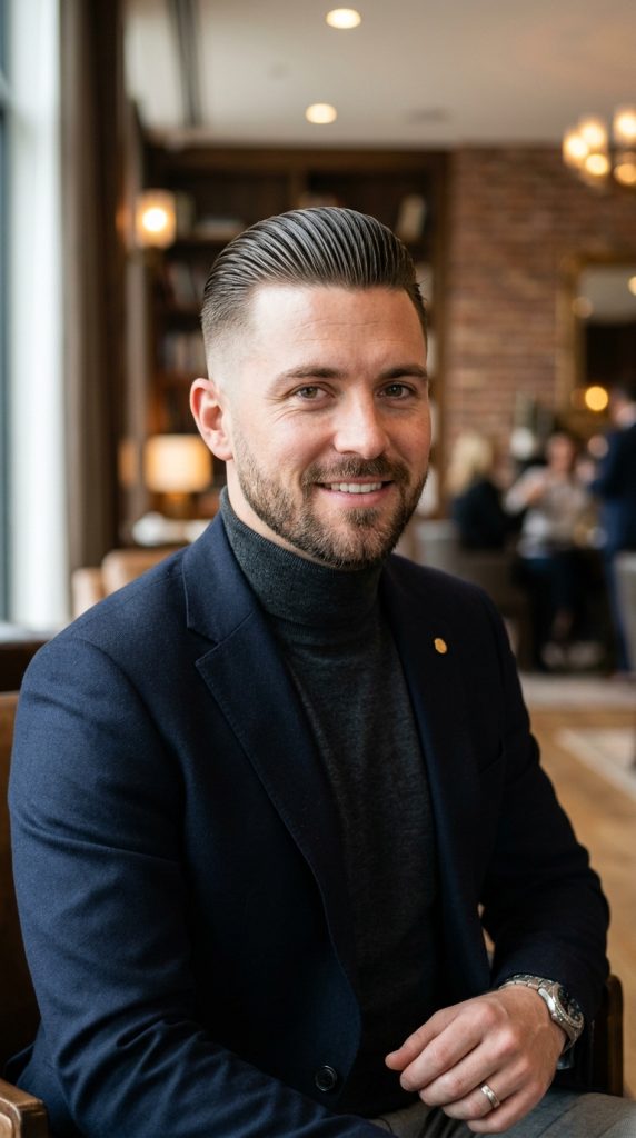 High taper fade with a sleek slicked-back top