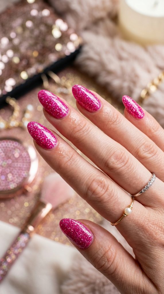 Bright Barbie-pink glitter Y2K nails