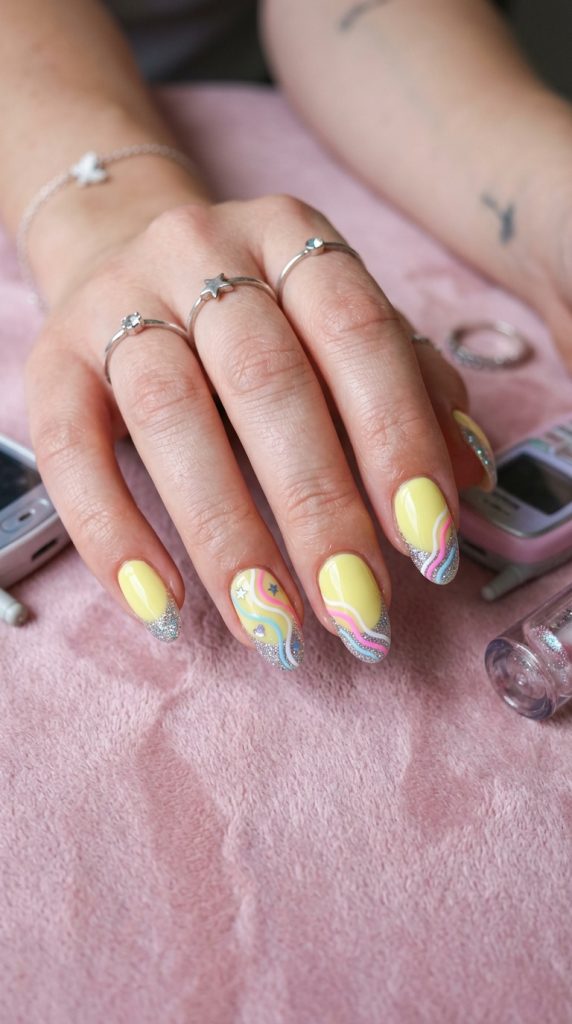 Y2K colored French tip nails with wavy lines