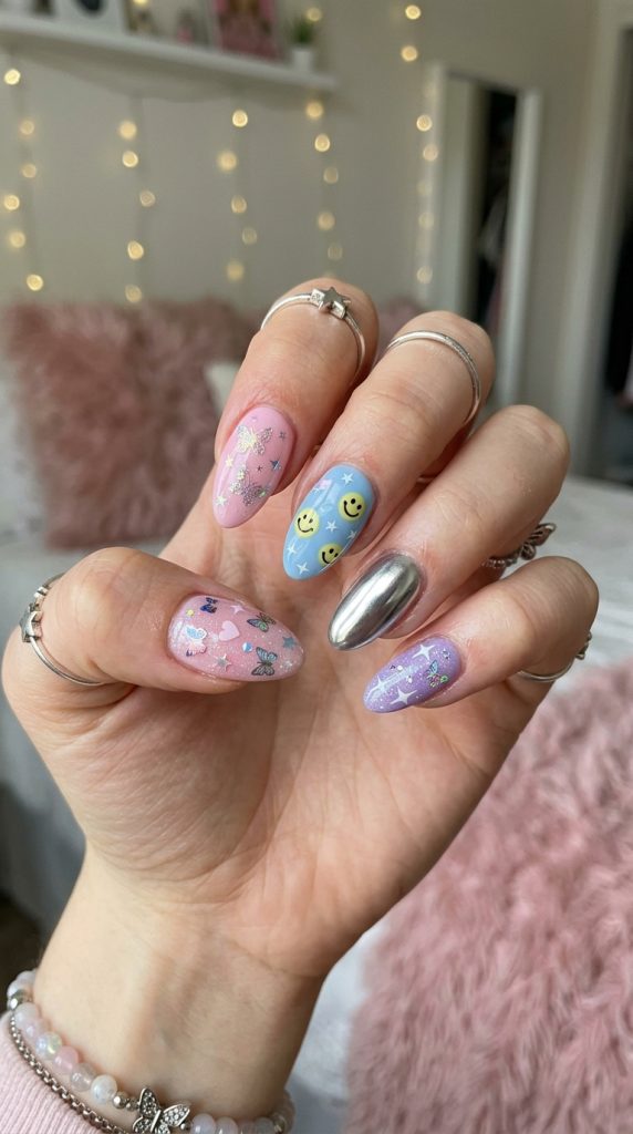 Y2K mix-and-match nails with different motifs on each nail