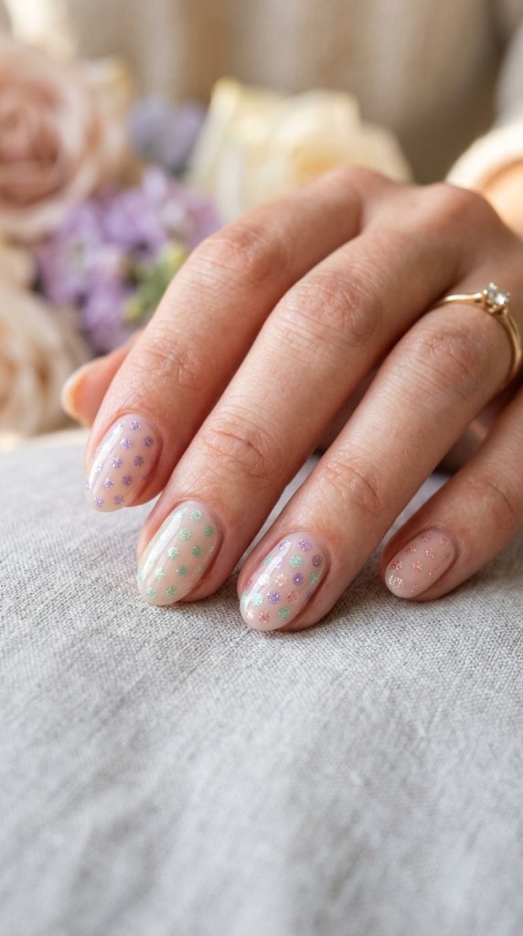 Cheerful polka dot fingernail design in several colors