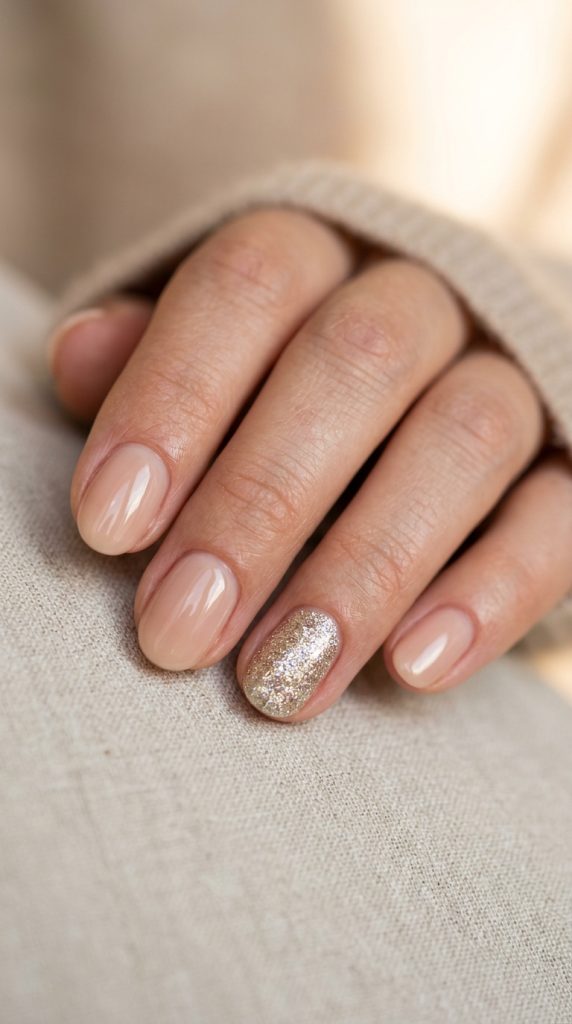 Minimalist nude nails with one glitter accent