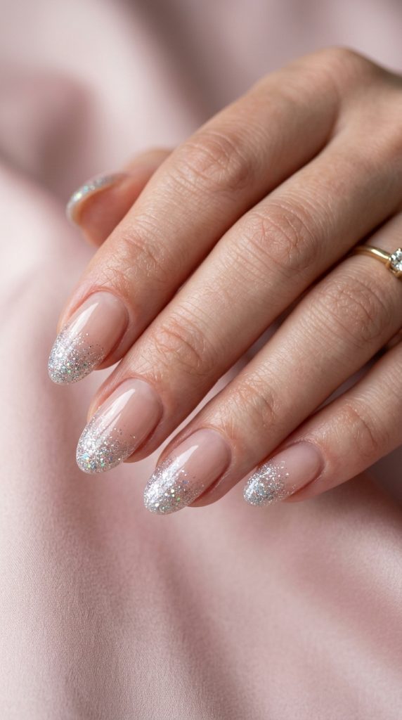 Fingernail design with sparkling glitter tips
