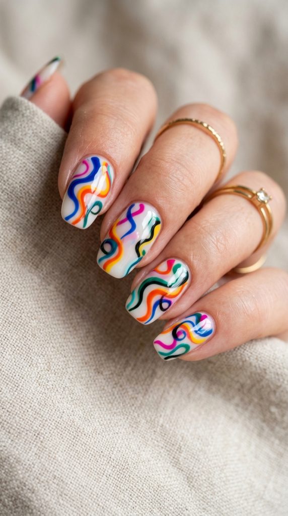 Abstract swirl fingernail design with colorful squiggles