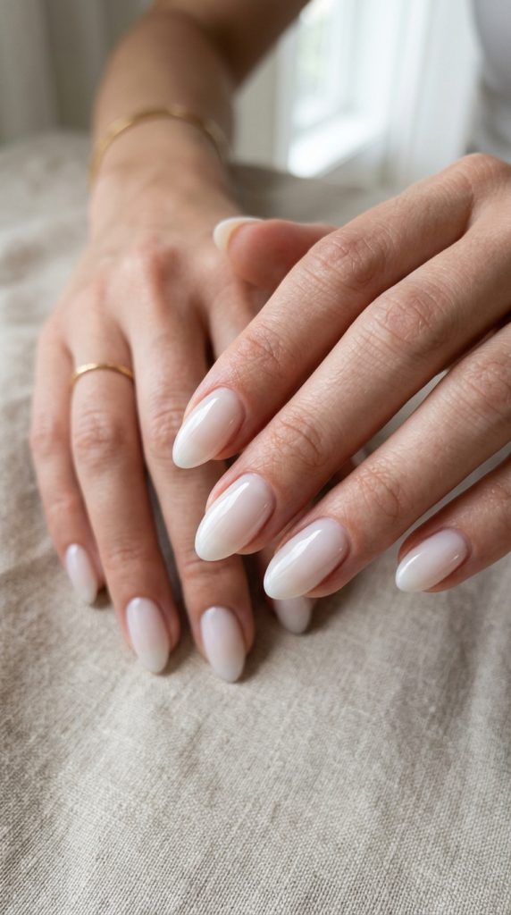 Sheer milky white fingernail design