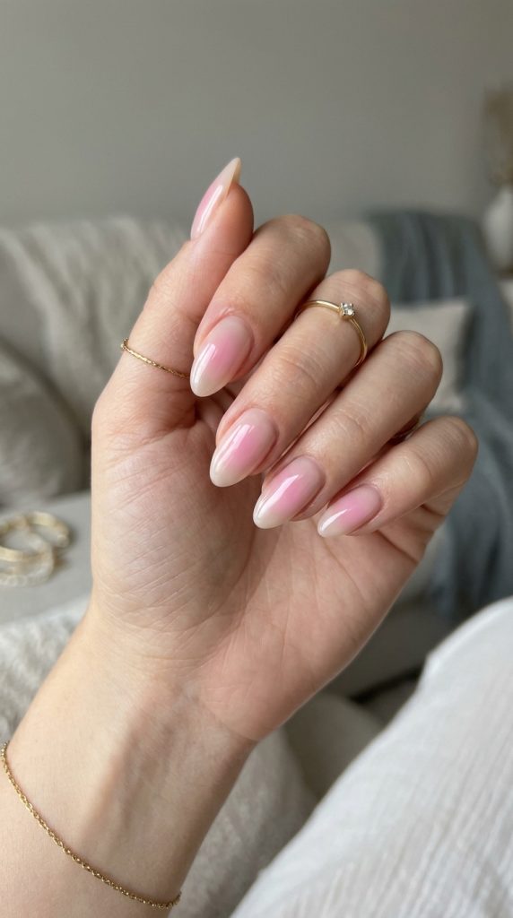 Milky pink aura nails with a soft glowing center
