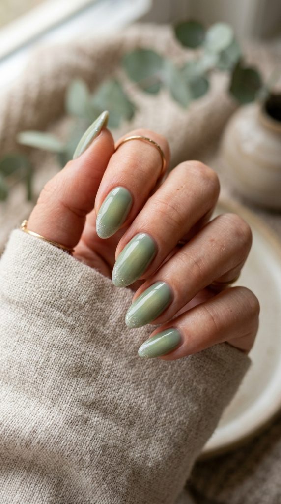 Sage green aura nails with a soft earthy glow