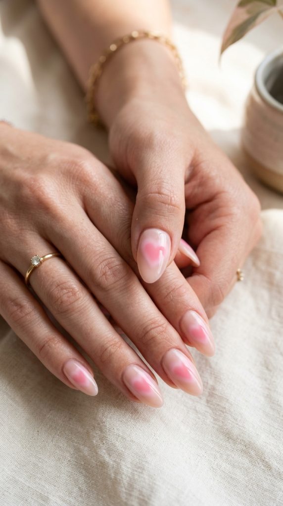 Aura heart nails with a heart-shaped pink glow