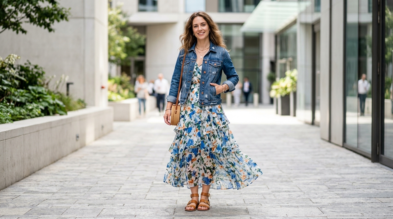 Maxi dress styled with a denim jacket and sandals