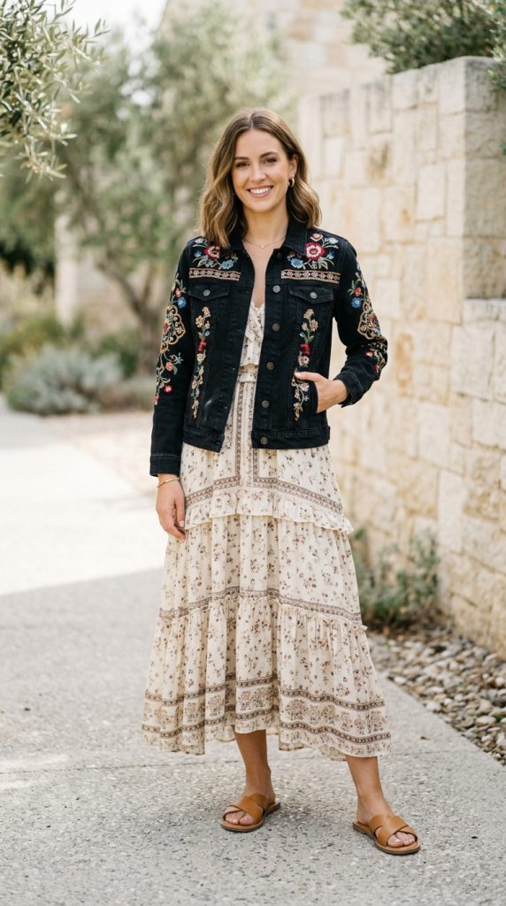 Floral maxi dress styles with a denim jacket and sandals