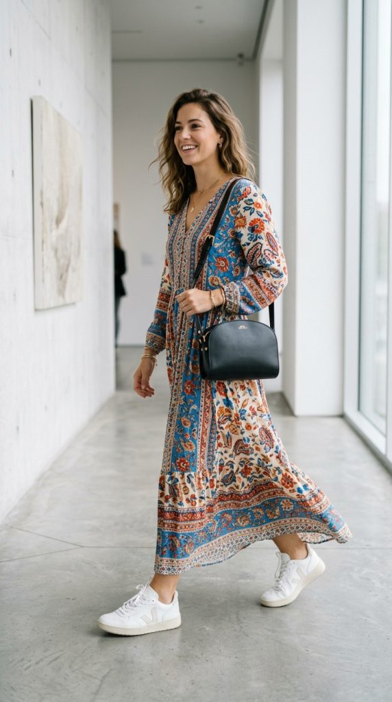 Maxi dress with white sneakers and a crossbody bag