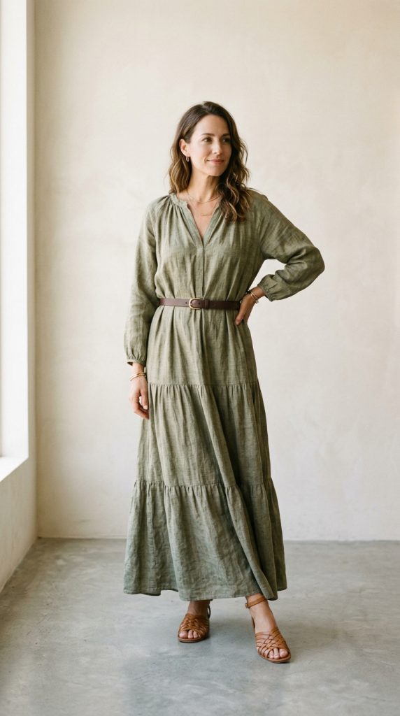 Maxi dress cinched with a belt at the waist