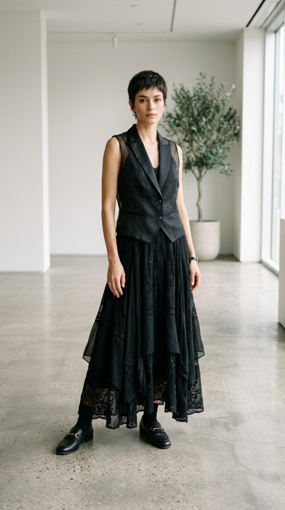 Maxi dress with a tailored waistcoat vest