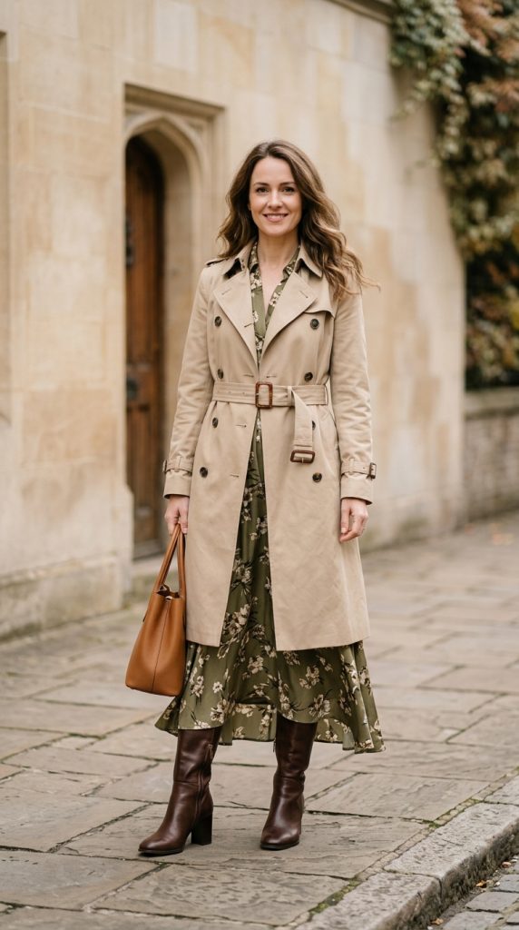 Maxi dress with a belted trench coat and boots