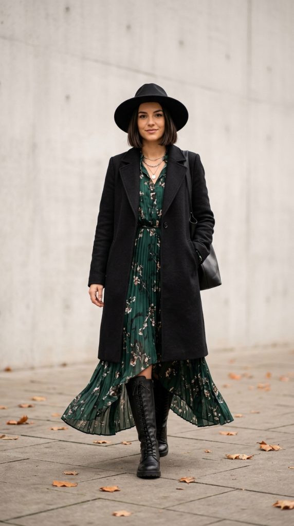 Maxi dress with knee-high boots and a long coat