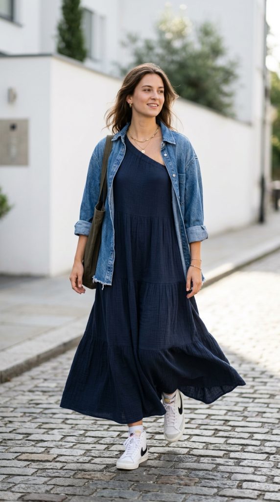 Maxi dress layered with an oversized denim shirt