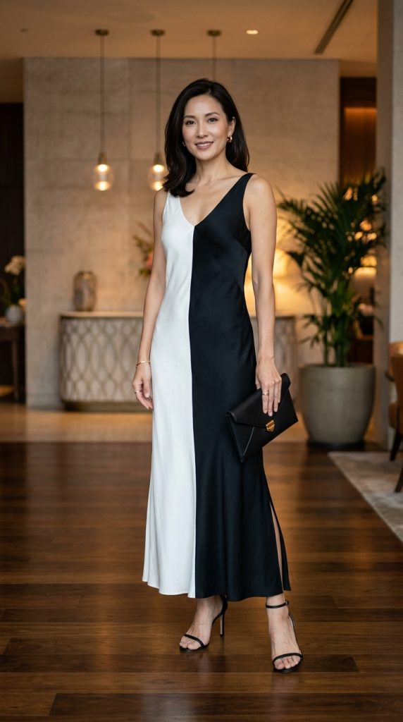 Slip maxi dress with heeled sandals and a clutch