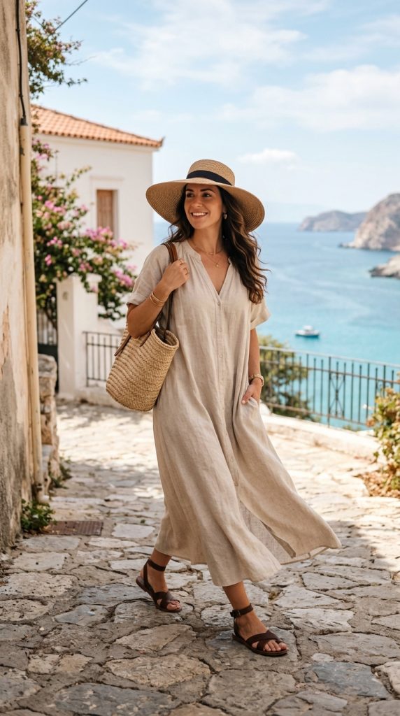 Linen maxi dress with a straw bag and sun hat