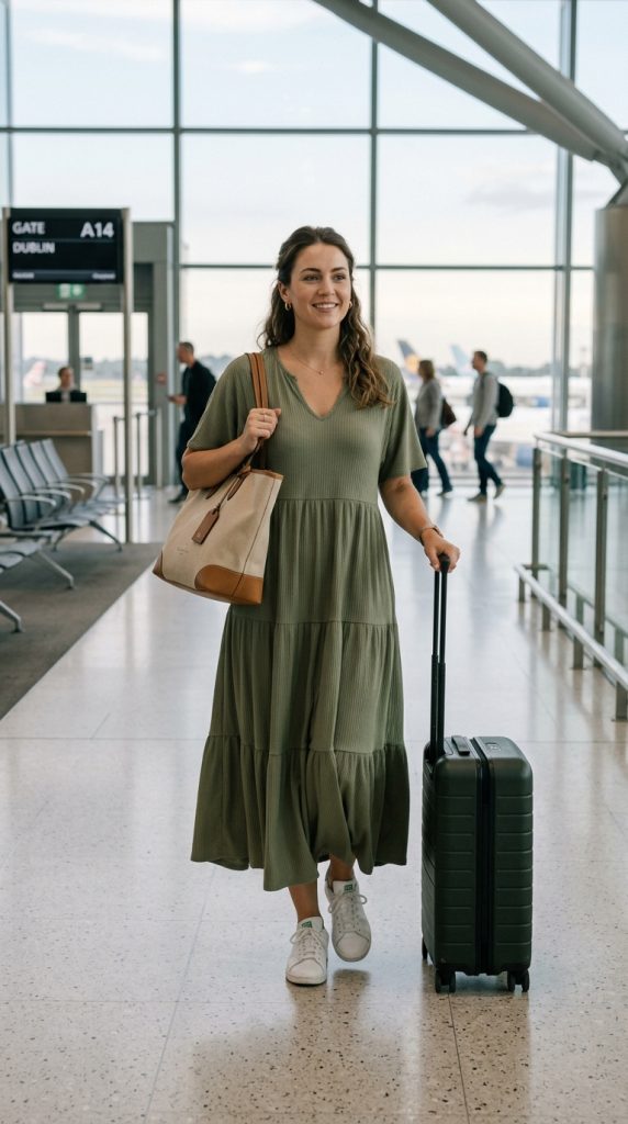 Ribbed maxi dress with sneakers and a large tote