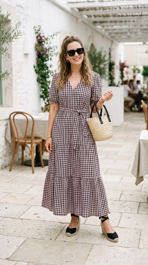 Gingham maxi dress with espadrilles and a woven bag
