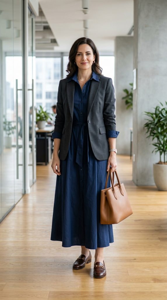 Shirt maxi dress with a blazer and loafers for work