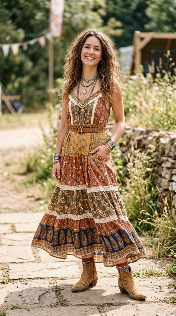 Tiered boho maxi dress with layered necklaces