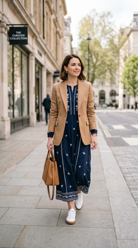 Solid maxi dress with a blazer and clean sneakers