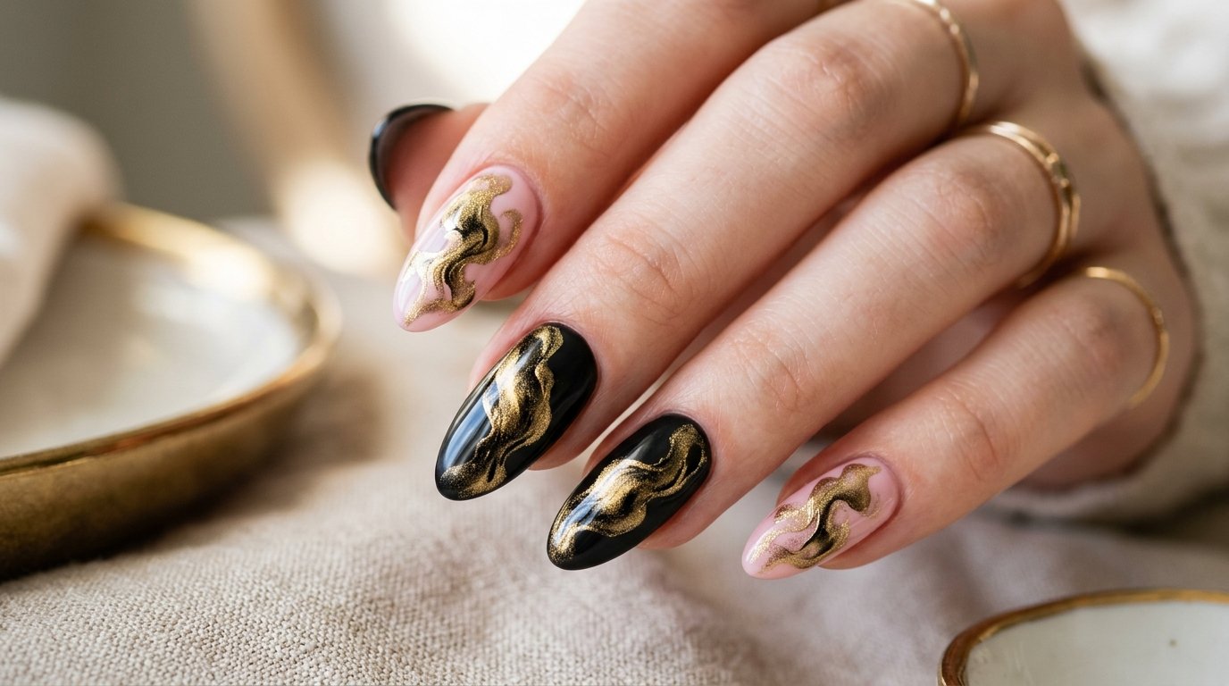 Trendy gel-ink effect nails with gold shimmer creating artistic inkblot pattern