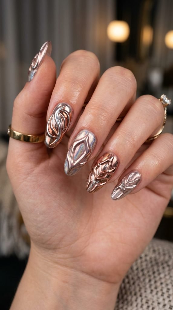 3D layered chrome nails with holographic iridescent metallic effect