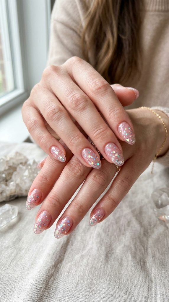 Sheer jelly gel nails with suspended glitter particles and dimensional effect