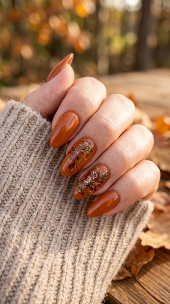 Burnt orange gel nails with hand-painted autumn leaf details