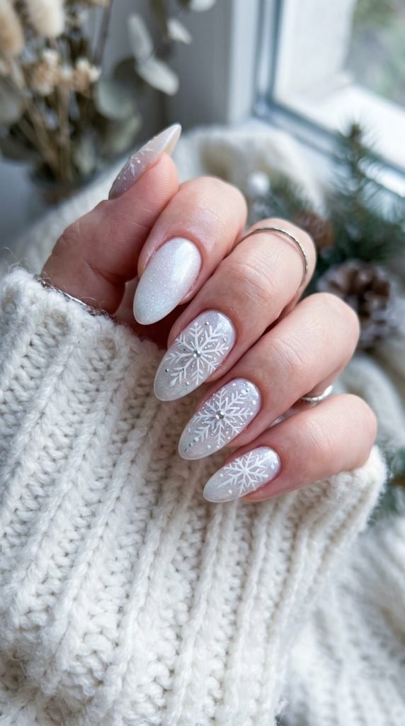 Winter frost gel nails with hand-painted snowflake designs
